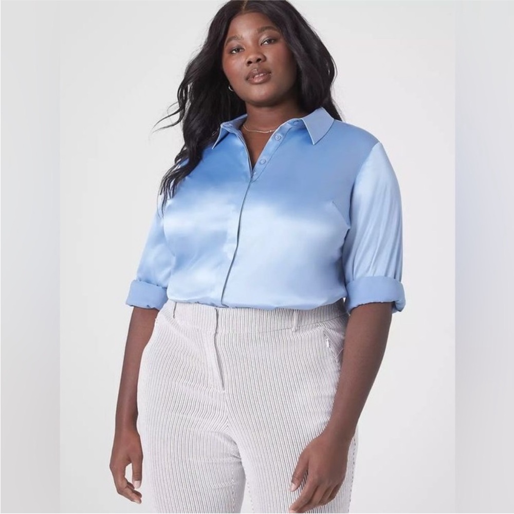 LANE BRYANT | NEW Women’s Light Blue Satin Button-Up Long Tail Shirt size 16